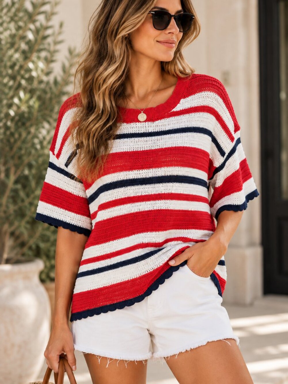 Universal Thread NWT Red White Navy Stripe Knit Top XXL Coastal Nautical Crochet